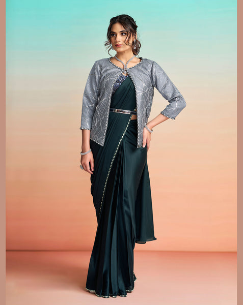Navy Blue Lustrous Satin Silk Women One Minute Saree With Stitched Blouse