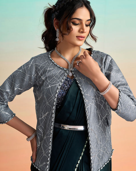 Navy Blue Lustrous Satin Silk Women One Minute Saree With Stitched Blouse