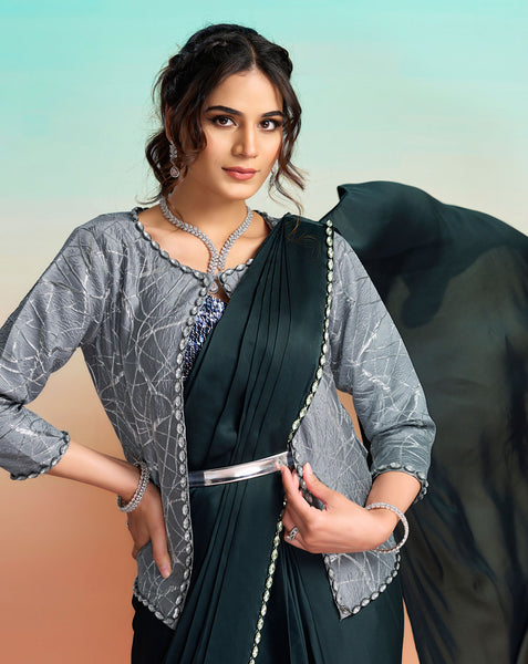 Navy Blue Lustrous Satin Silk Women One Minute Saree With Stitched Blouse