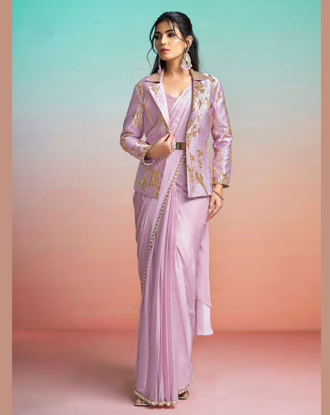 Lavender Lustrous Satin Silk Women One Minute Saree With Stitched Blouse