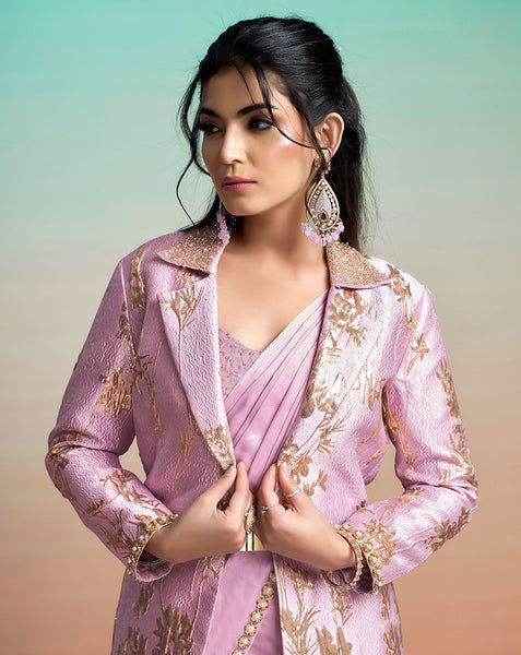 Lavender Lustrous Satin Silk Women One Minute Saree With Stitched Blouse