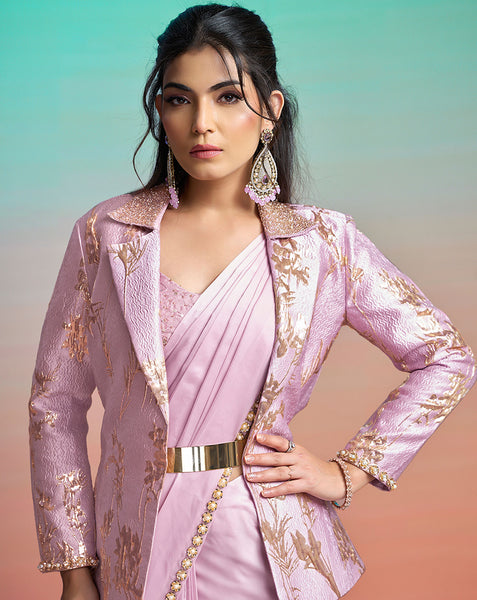 Lavender Lustrous Satin Silk Women One Minute Saree With Stitched Blouse