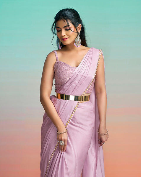 Lavender Lustrous Satin Silk Women One Minute Saree With Stitched Blouse