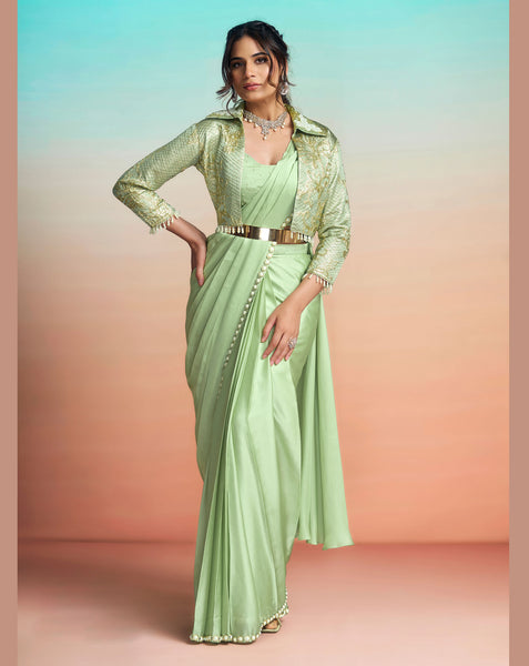 Pista Green Lustrous Satin Silk Women One Minute Saree With Stitched Blouse