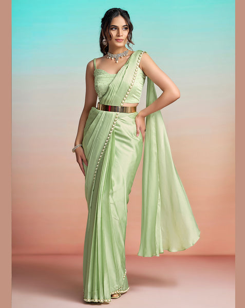 Pista Green Lustrous Satin Silk Women One Minute Saree With Stitched Blouse