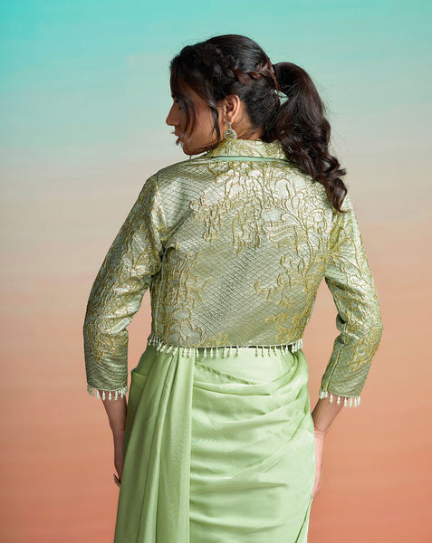 Pista Green Lustrous Satin Silk Women One Minute Saree With Stitched Blouse
