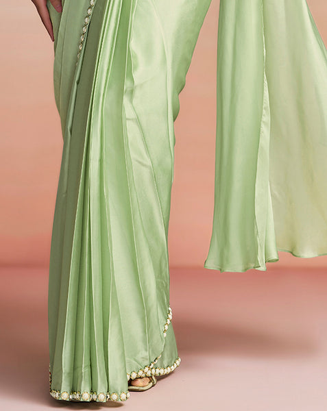 Pista Green Lustrous Satin Silk Women One Minute Saree With Stitched Blouse