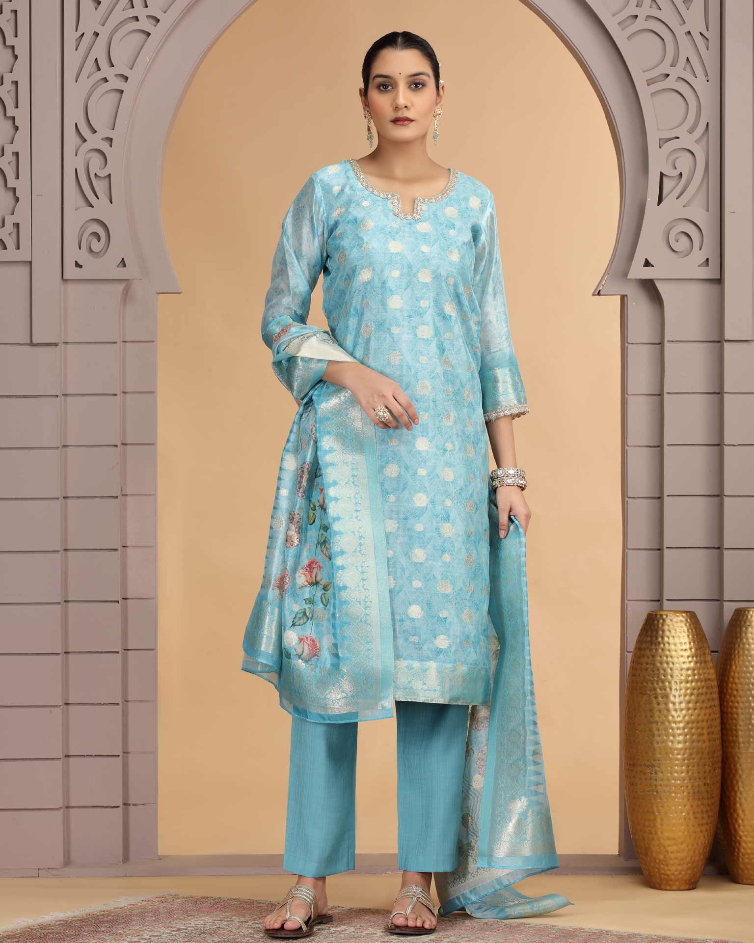 Sky Blue Organza Jacquard Readymade Pant Suit For Woman With Organza Dupatta