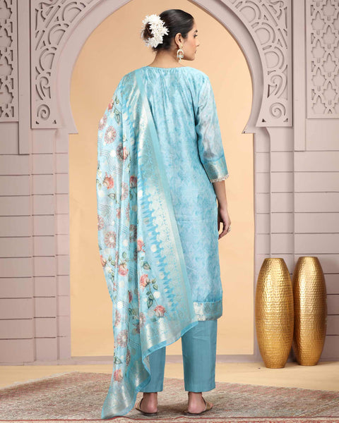 Sky Blue Organza Jacquard Readymade Pant Suit For Woman With Organza Dupatta