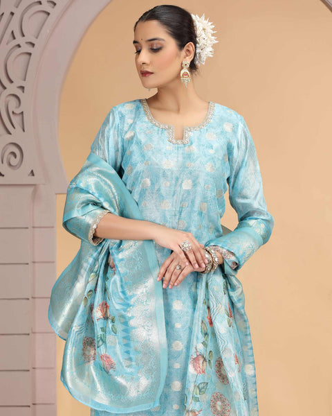 Sky Blue Organza Jacquard Readymade Pant Suit For Woman With Organza Dupatta