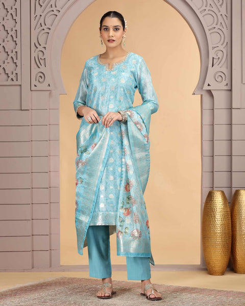 Sky Blue Organza Jacquard Readymade Pant Suit For Woman With Organza Dupatta