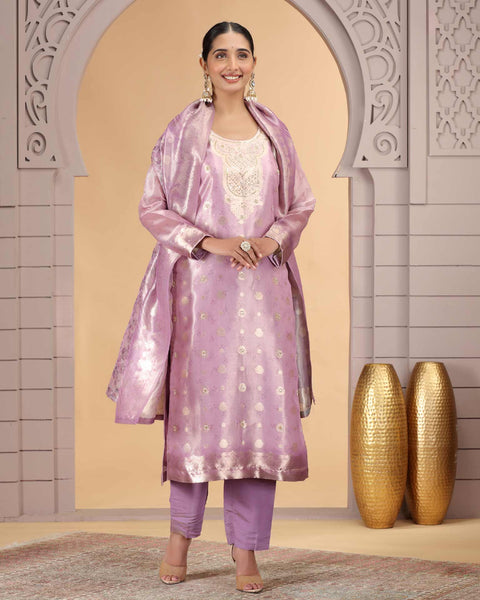 Light Purple Organza Jacquard Readymade Pant Suit For Woman With Organza Dupatta