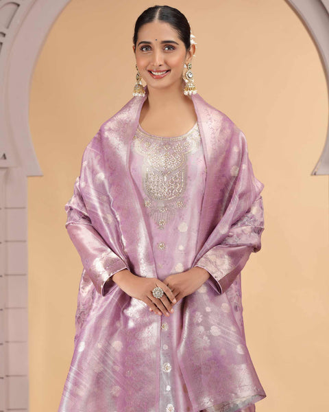 Light Purple Organza Jacquard Readymade Pant Suit For Woman With Organza Dupatta
