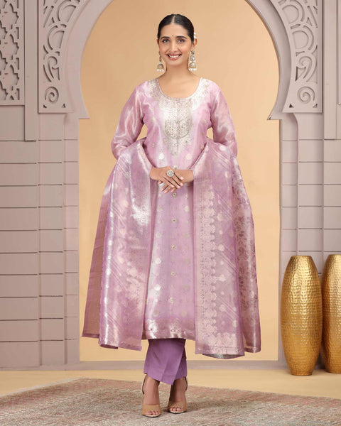 Light Purple Organza Jacquard Readymade Pant Suit For Woman With Organza Dupatta