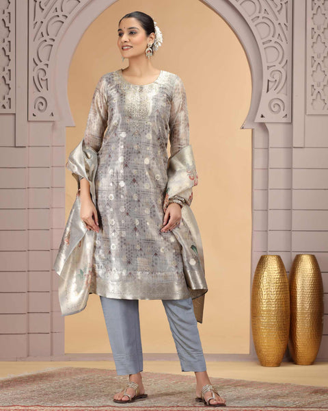 Grey Organza Jacquard Readymade Pant Suit For Woman With Organza Dupatta