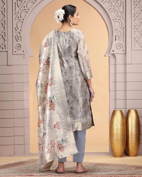 Grey Organza Jacquard Readymade Pant Suit For Woman With Organza Dupatta