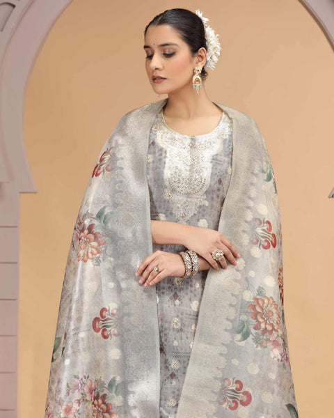 Grey Organza Jacquard Readymade Pant Suit For Woman With Organza Dupatta