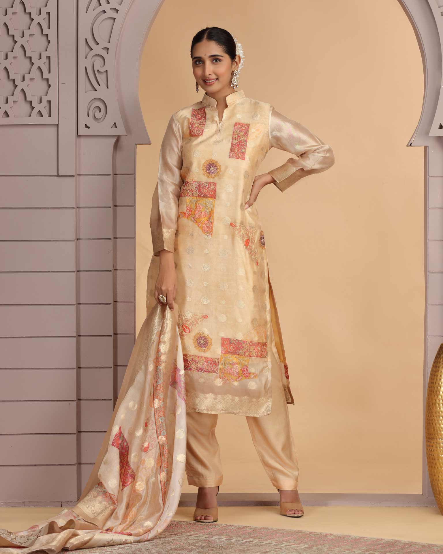 Peach Organza Jacquard Readymade Pant Suit For Woman With Organza Dupatta