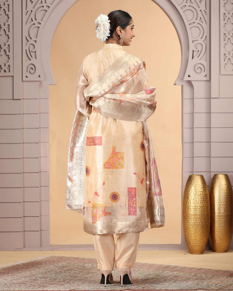 Peach Organza Jacquard Readymade Pant Suit For Woman With Organza Dupatta