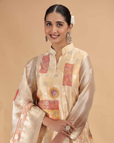 Peach Organza Jacquard Readymade Pant Suit For Woman With Organza Dupatta