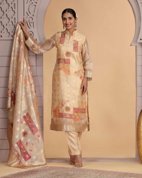 Peach Organza Jacquard Readymade Pant Suit For Woman With Organza Dupatta