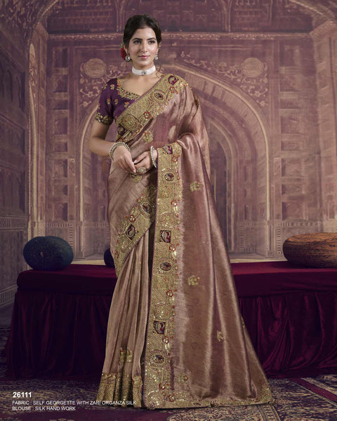 Wine Gold Organza Silk Saree For Women With Embroidered Blouse