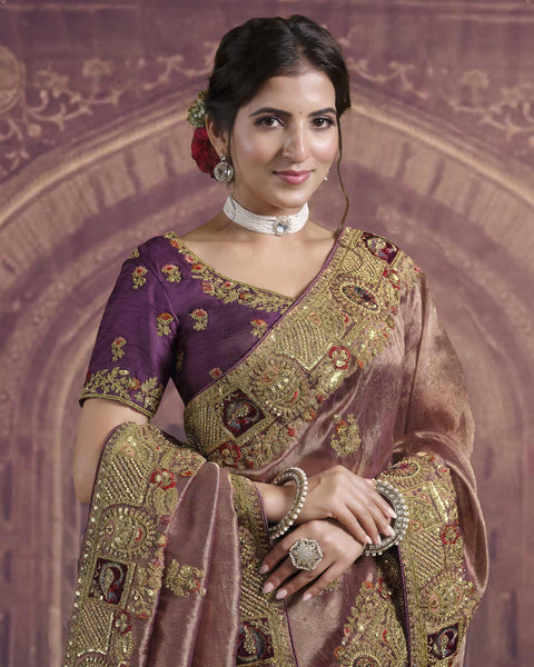 Wine Gold Organza Silk Saree For Women With Embroidered Blouse