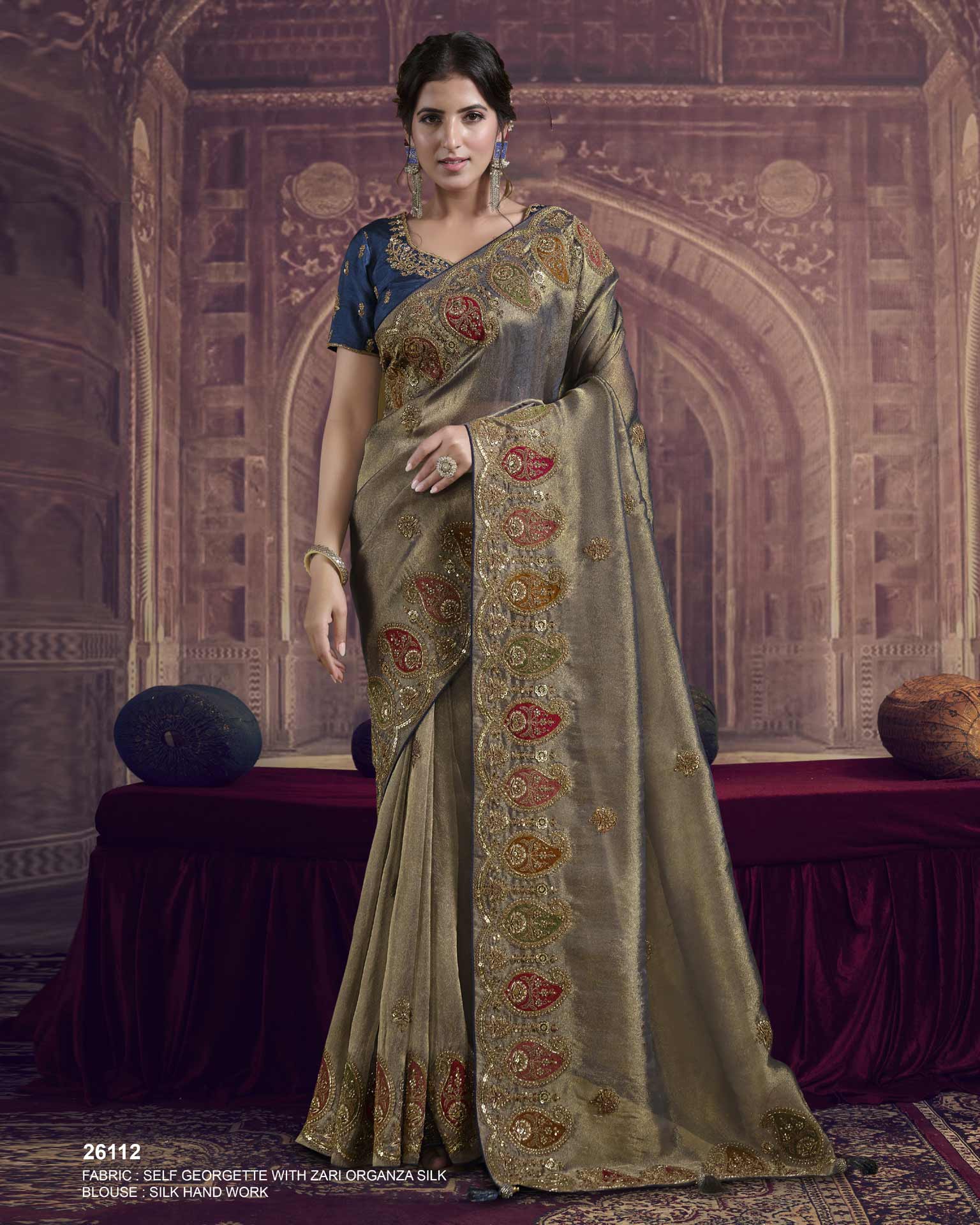 Teal Blue Gold Organza Silk Saree For Women With Embroidered Blouse