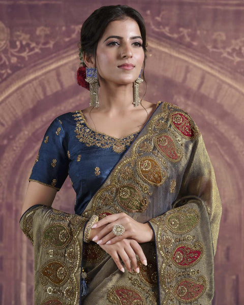 Teal Blue Gold Organza Silk Saree For Women With Embroidered Blouse