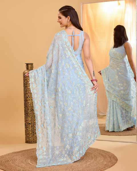 Sky Blue Taby Organza Silk Sequins & Cutwork Border Saree