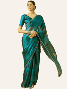 Teal Blue Organza Swaroski Diamond Work Saree With Teal Blue Organza Blouse