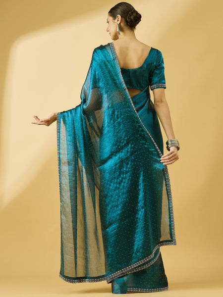 Teal Blue Organza Swaroski Diamond Work Saree With Teal Blue Organza Blouse