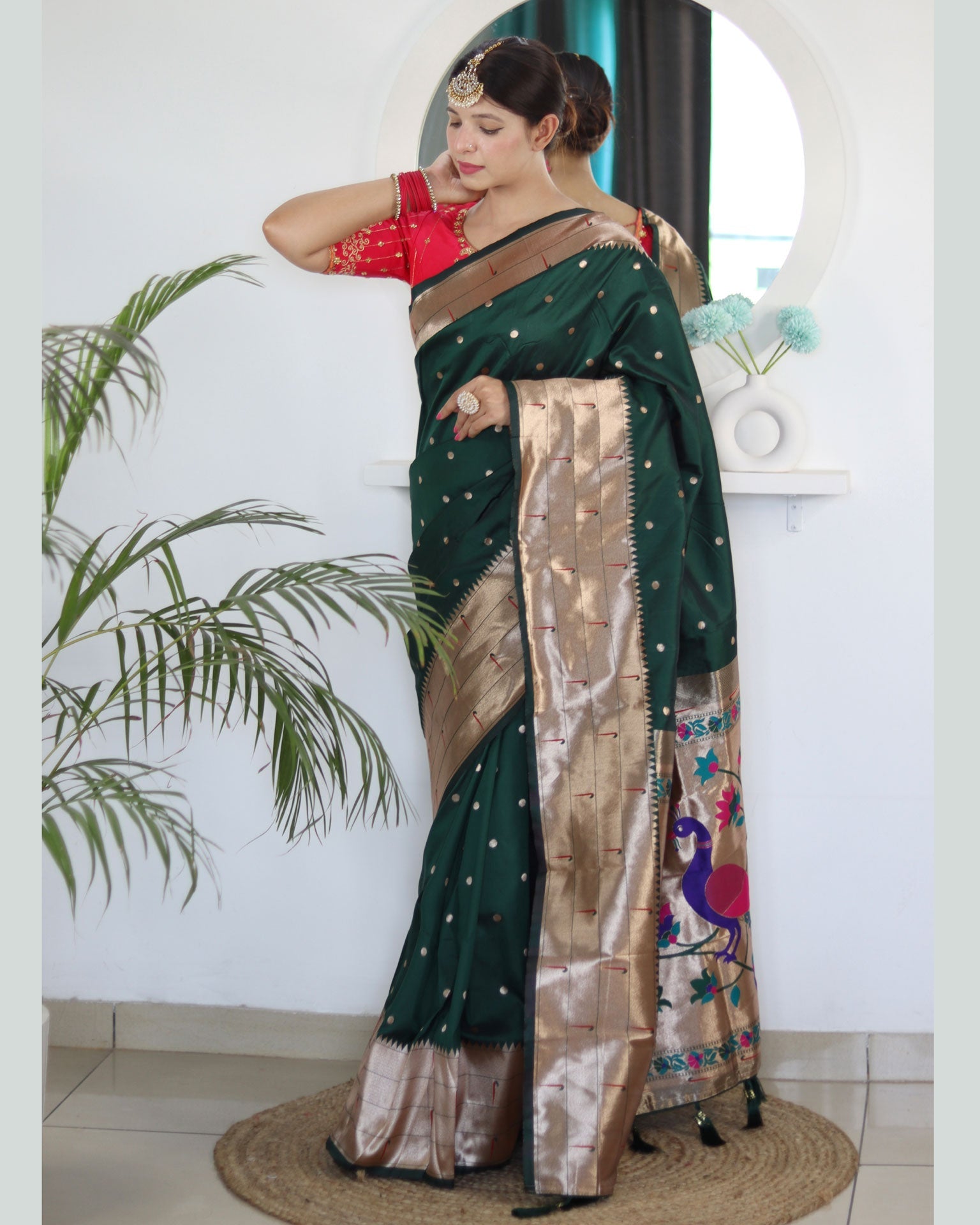 Green Paithani Silk Woven Jacquard Saree With Maroon Embroidered Art Silk Blouse