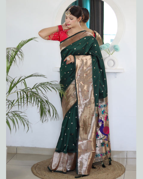Green Paithani Silk Woven Jacquard Saree With Maroon Embroidered Art Silk Blouse