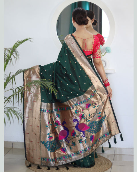 Green Paithani Silk Woven Jacquard Saree With Maroon Embroidered Art Silk Blouse