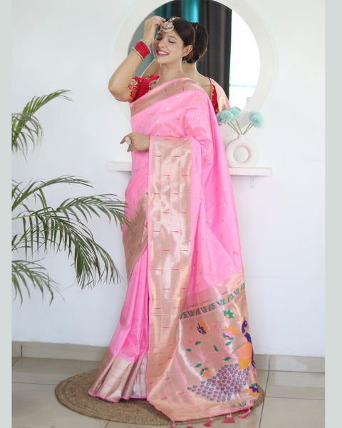 Light Pink Paithani Silk Woven Jacquard Saree With Maroon Embroidered Art Silk Blouse