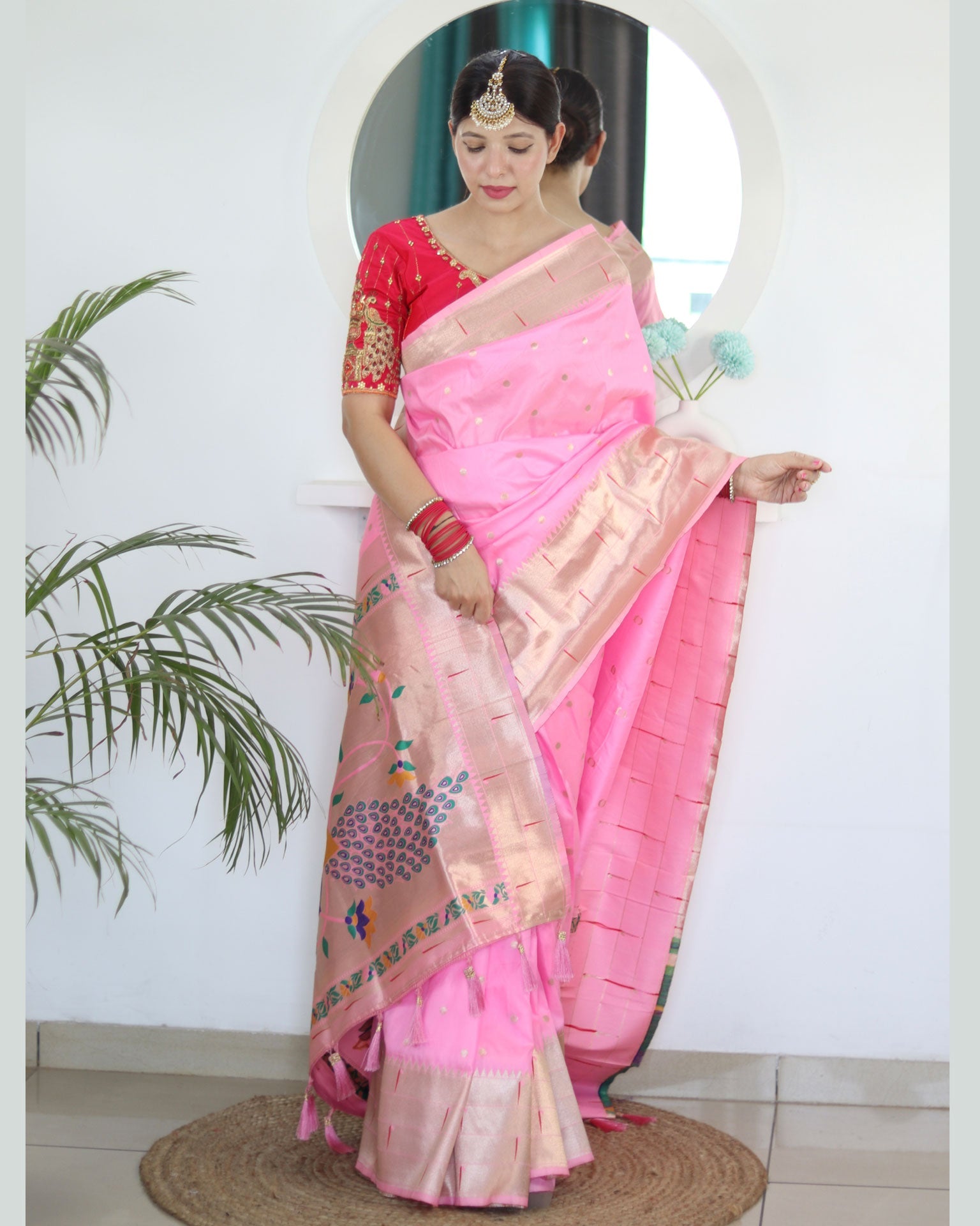 Light Pink Paithani Silk Woven Jacquard Saree With Maroon Embroidered Art Silk Blouse
