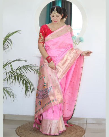 Light Pink Paithani Silk Woven Jacquard Saree With Maroon Embroidered Art Silk Blouse