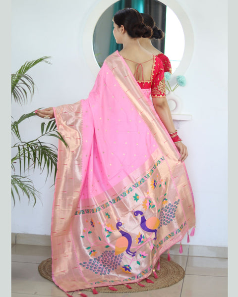 Light Pink Paithani Silk Woven Jacquard Saree With Maroon Embroidered Art Silk Blouse