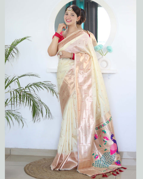Cream Paithani Silk Woven Jacquard Saree With Maroon Embroidered Art Silk Blouse