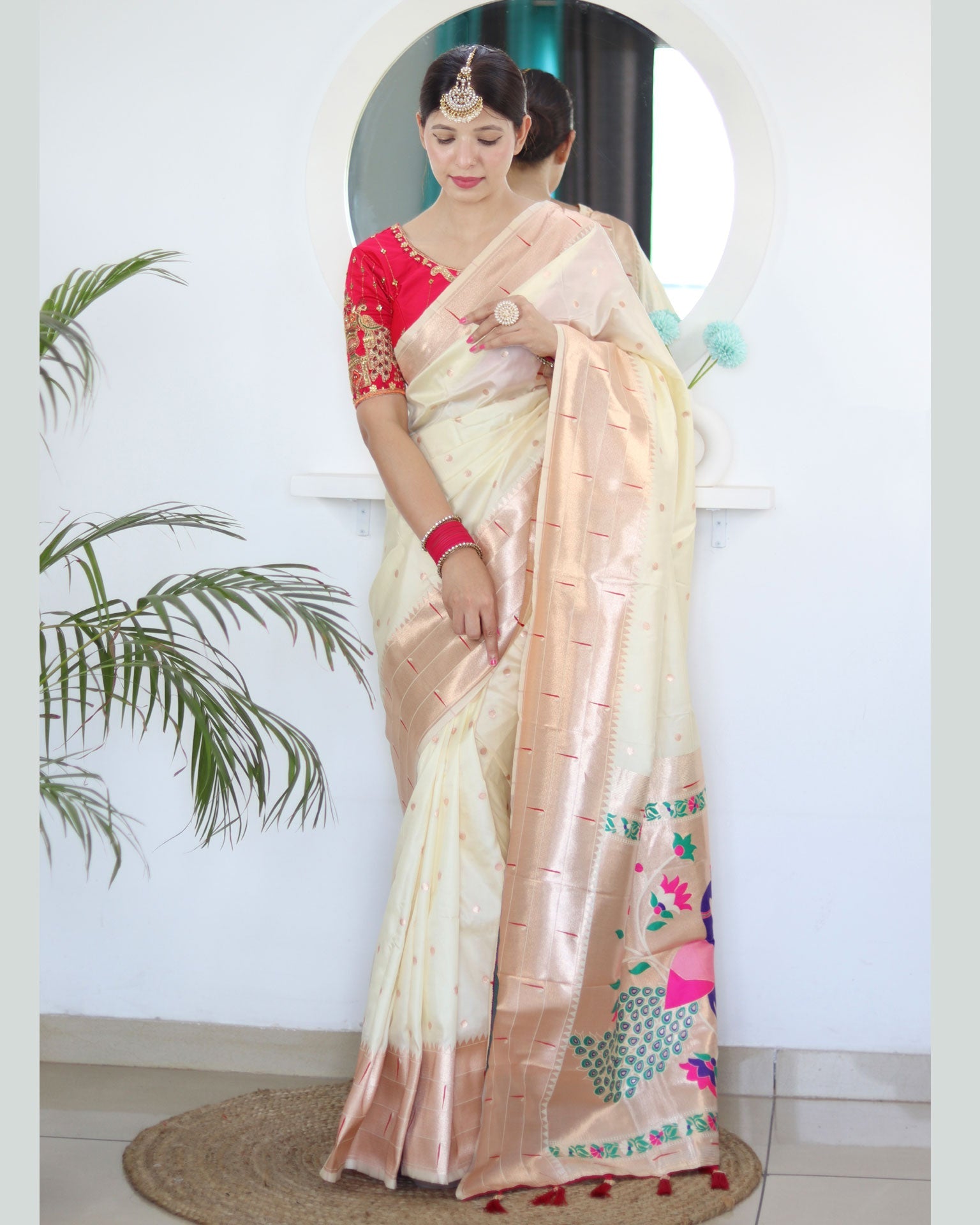 Cream Paithani Silk Woven Jacquard Saree With Maroon Embroidered Art Silk Blouse