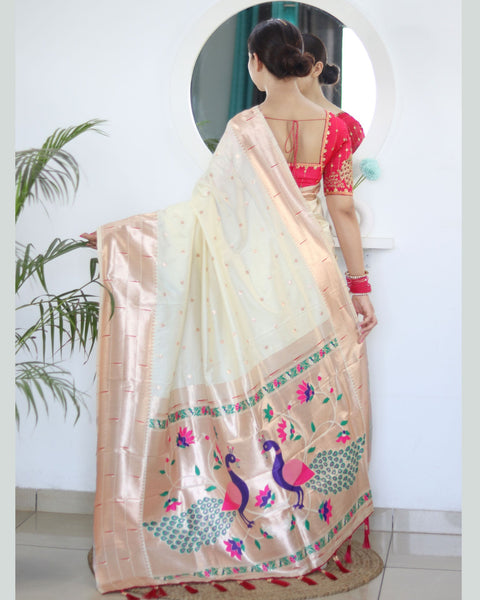 Cream Paithani Silk Woven Jacquard Saree With Maroon Embroidered Art Silk Blouse