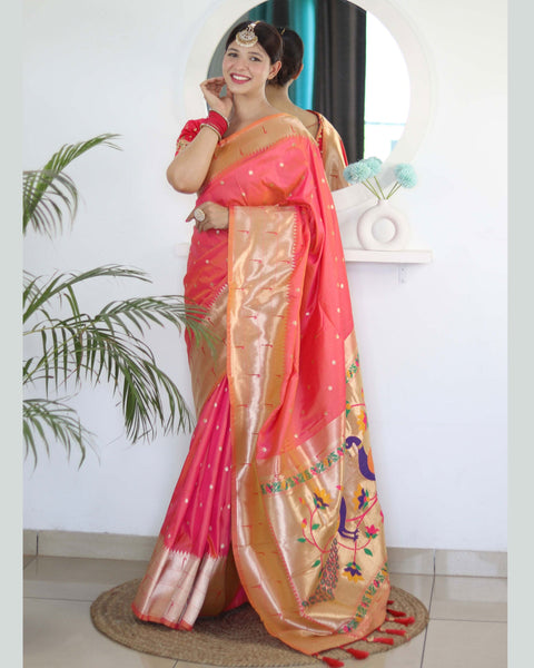 Carrot Red Paithani Silk Woven Jacquard Saree With Maroon Embroidered Art Silk Blouse