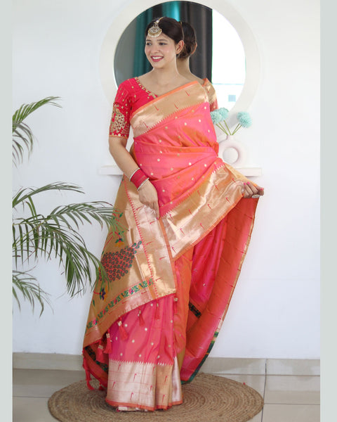 Carrot Red Paithani Silk Woven Jacquard Saree With Maroon Embroidered Art Silk Blouse