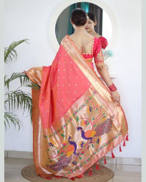 Carrot Red Paithani Silk Woven Jacquard Saree With Maroon Embroidered Art Silk Blouse