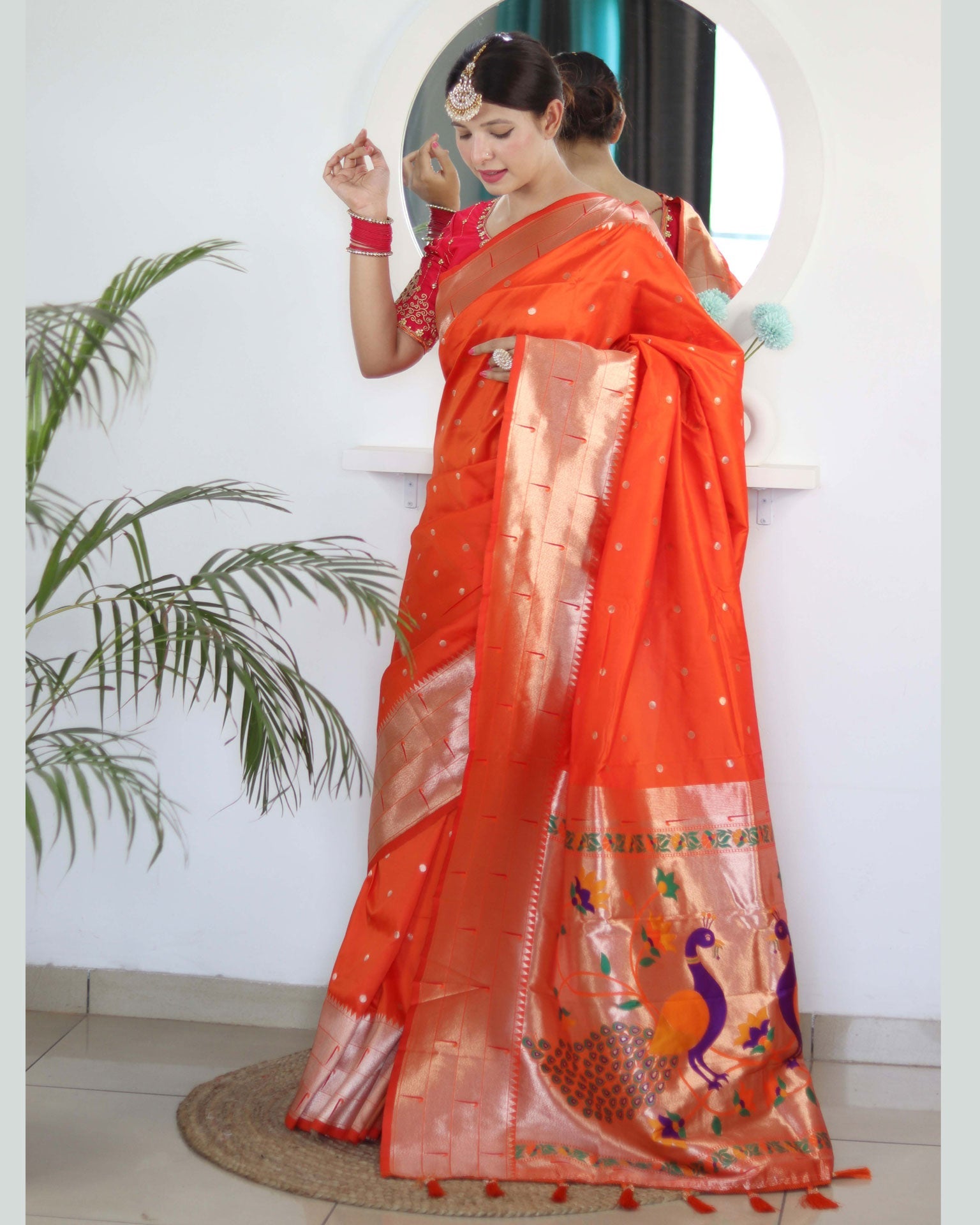 Orange Paithani Silk Woven Jacquard Saree With Maroon Embroidered Art Silk Blouse