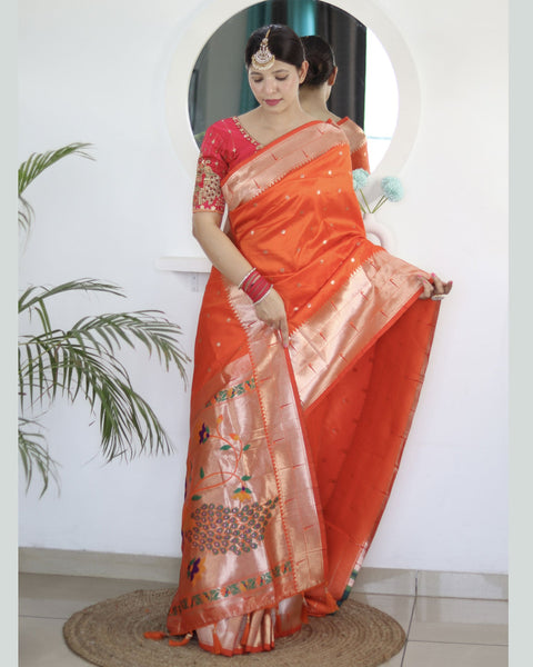 Orange Paithani Silk Woven Jacquard Saree With Maroon Embroidered Art Silk Blouse