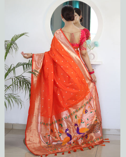 Orange Paithani Silk Woven Jacquard Saree With Maroon Embroidered Art Silk Blouse