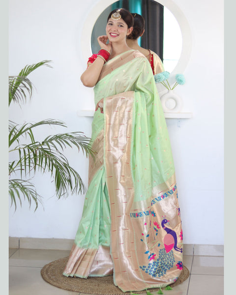Pista Green Paithani Silk Woven Jacquard Saree With Maroon Embroidered Art Silk Blouse