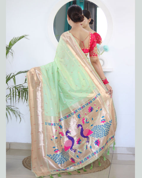 Pista Green Paithani Silk Woven Jacquard Saree With Maroon Embroidered Art Silk Blouse